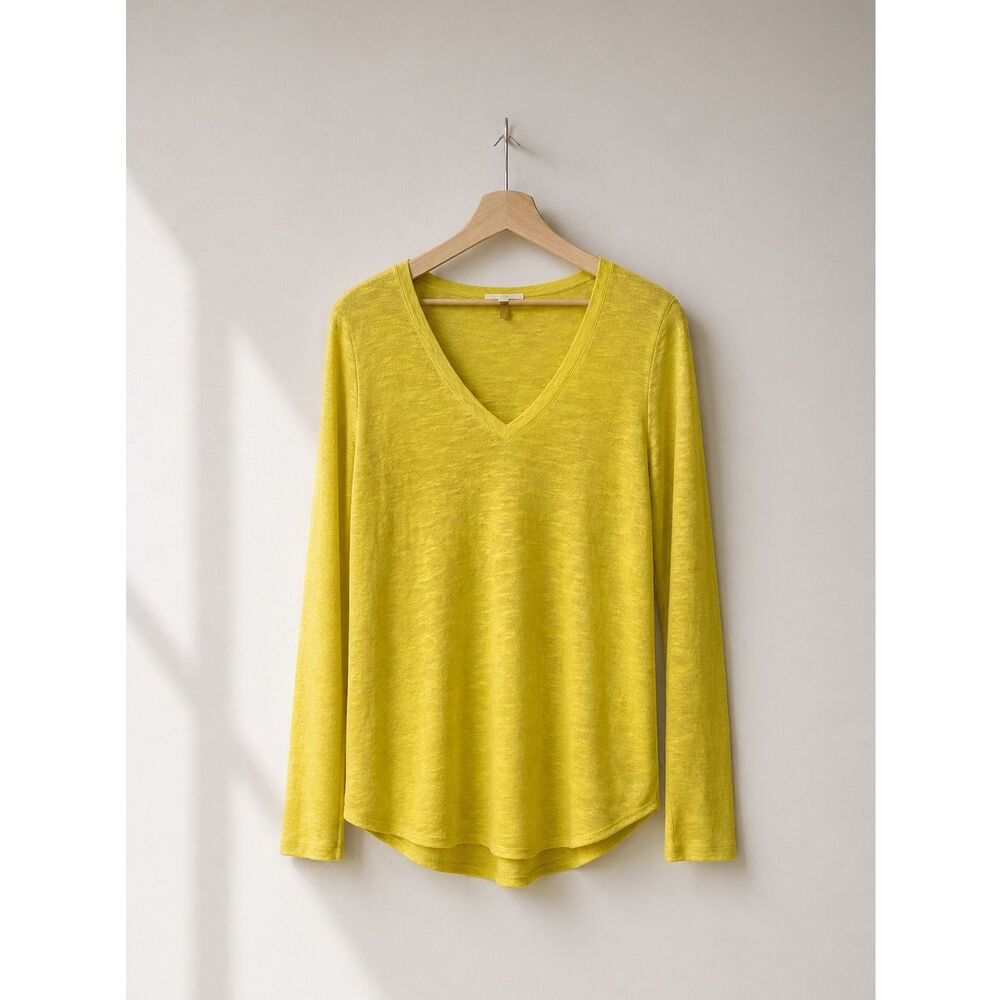 Eileen Fisher Organic Linen V Neck Top L Petite Yellow Lightweight Minimalist